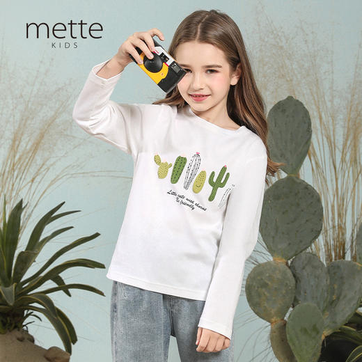 【100%棉】mettekids童装立体仙人掌绣花T恤女童长袖纯棉打底内搭 商品图0