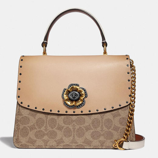 coach 蔻驰 奢侈品女士时尚皮质翻盖式涂层帆布单肩斜挎手提包 女包