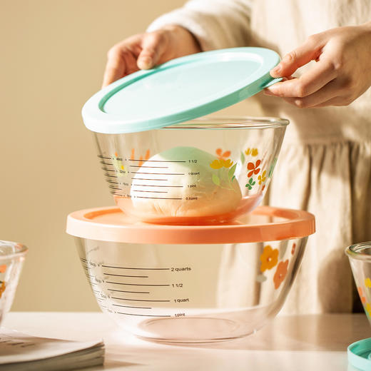 摩登主妇玻璃和面盆小清新耐高温玻璃带盖带刻度奶油打发盆打蛋盆 商品图1