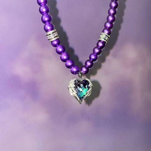 no dentity 原创设计复古镶钻水晶爱心紫色珍珠千禧y2k项链锁骨链 商品图1