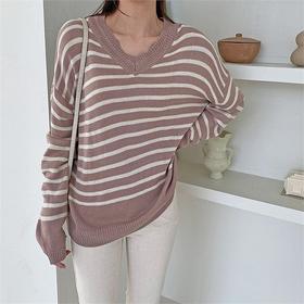 getitme镜穿冬季条纹V领针织衫JPY带授权招加盟代理