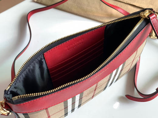 格纹拼皮革手拿肩背包-红色 商品图7