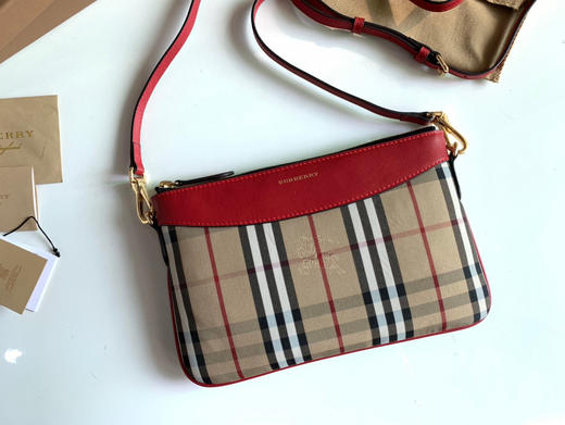 格纹拼皮革手拿肩背包-红色 商品图1