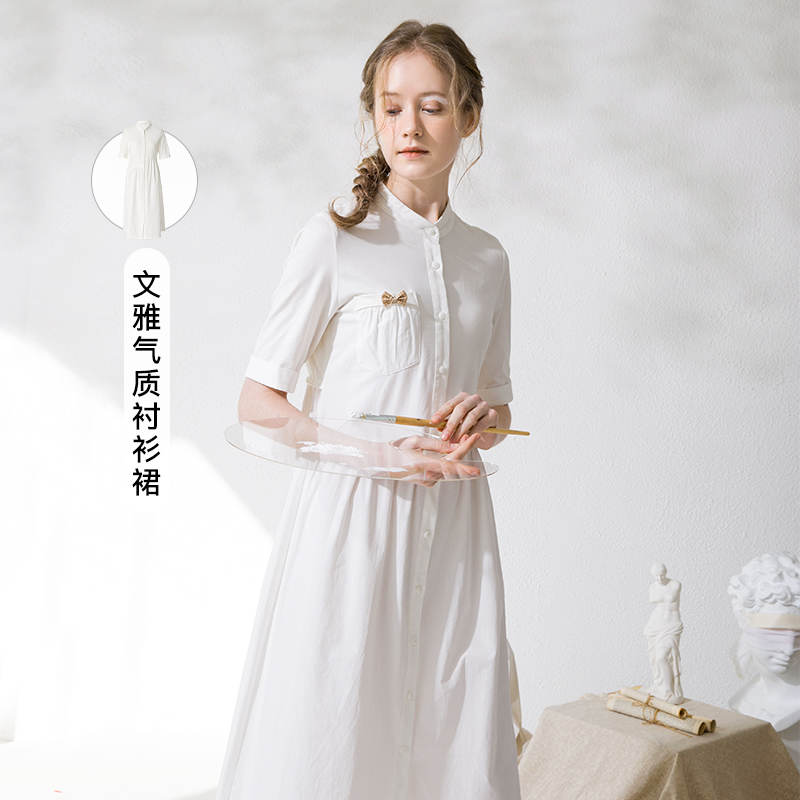 Famecoco范可儿衬衫裙夏季短袖立领连衣裙裙子F213FA001