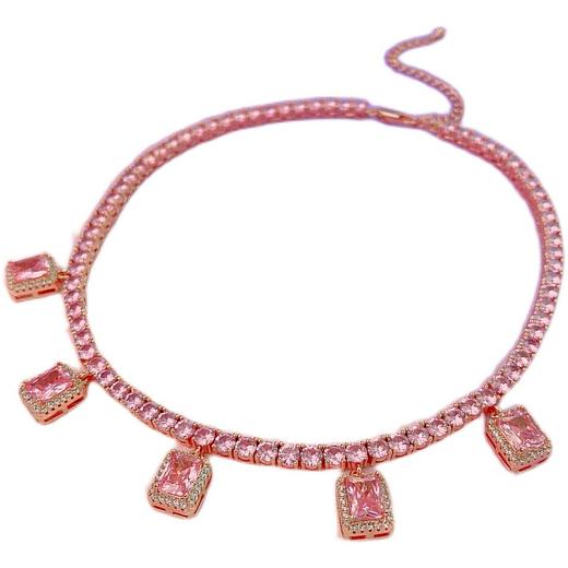 iced out 复古满钻粉色宝石吊坠古巴链街头锁骨链千禧欧美项链女 商品图4