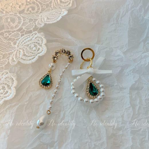 no identity 假日邂逅风情万种不对称法式祖母绿珍珠耳环精致耳饰 商品图2