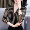 MZ-MZ9737春季新款时尚百搭条纹V领网纱打底衫 商品缩略图1