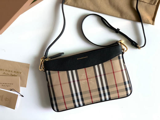 格纹拼皮革手拿肩背包-黑色 商品图1