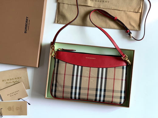 格纹拼皮革手拿肩背包-红色 商品图0