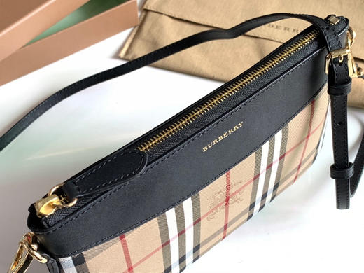 格纹拼皮革手拿肩背包-黑色 商品图6