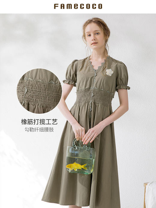 famecoco范可儿法式连衣裙女夏季v领泡泡袖长裙F213FA037 商品图1