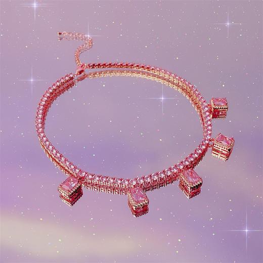 iced out 复古满钻粉色宝石吊坠古巴链街头锁骨链千禧欧美项链女 商品图3