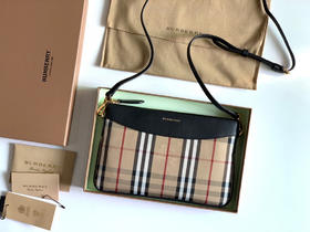 格纹拼皮革手拿肩背包-黑色