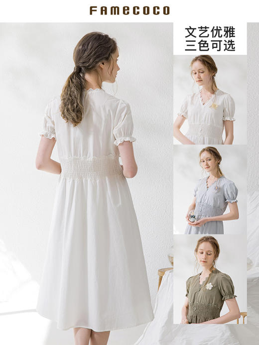 famecoco范可儿法式连衣裙女夏季v领泡泡袖长裙F213FA037 商品图3