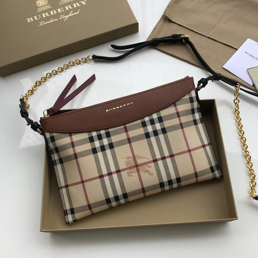 格纹拼皮革斜背包➰棕色 商品图1