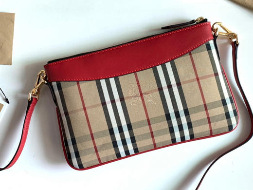 格纹拼皮革手拿肩背包-红色 商品图2