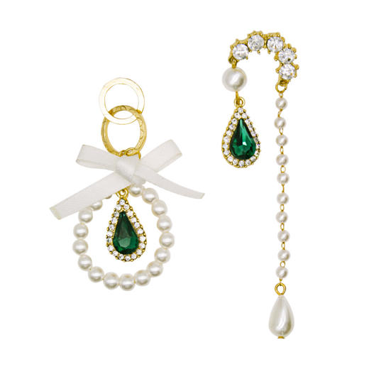 no identity 假日邂逅风情万种不对称法式祖母绿珍珠耳环精致耳饰 商品图4