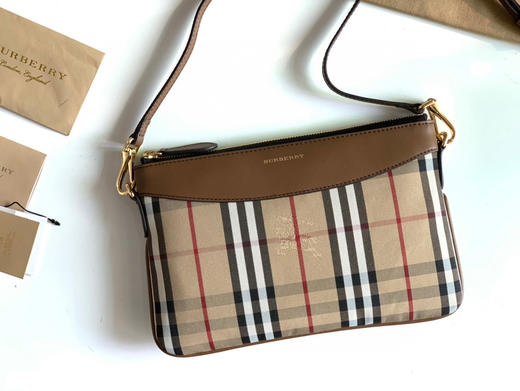 格纹拼皮革手拿肩背包-棕色 商品图1