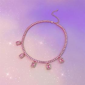 iced out 复古满钻粉色宝石吊坠古巴链街头锁骨链千禧欧美项链女