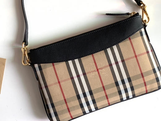 格纹拼皮革手拿肩背包-黑色 商品图2