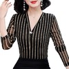 MZ-MZ9737春季新款时尚百搭条纹V领网纱打底衫 商品缩略图0