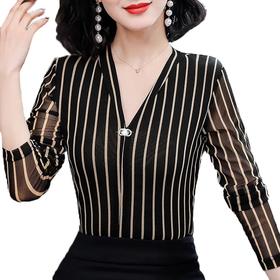 MZ-MZ9737春季新款时尚百搭条纹V领网纱打底衫