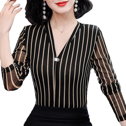 MZ-MZ9737春季新款时尚百搭条纹V领网纱打底衫 商品图0