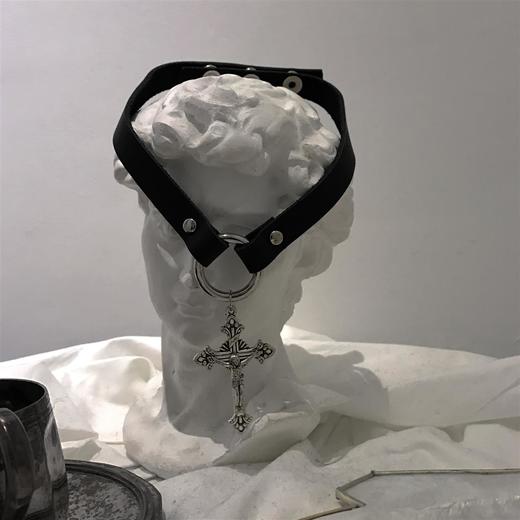 原创设计手工基督真皮十字架choker赛博朋克项圈 商品图4