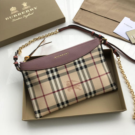 格纹拼皮革斜背包➰藕粉 商品图1