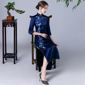 JQY-XZ20-126金齐奕蓝色醋酸手工旗袍