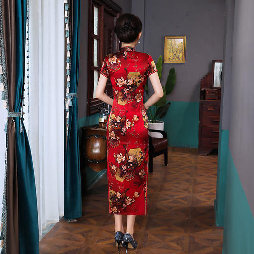 上海旗袍厂TZRY-21007新款真丝复古长款小清新短袖旗袍 商品图2