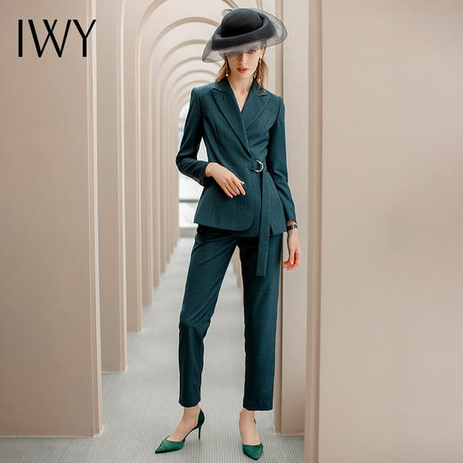 IWY/墨绿色格纹西装系带西服套装女修身显瘦收腰时尚气质女神商务正装CP1091 商品图4