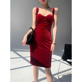 惊艳丝绒，面料控女人味，紧身开叉连衣裙#SS2124