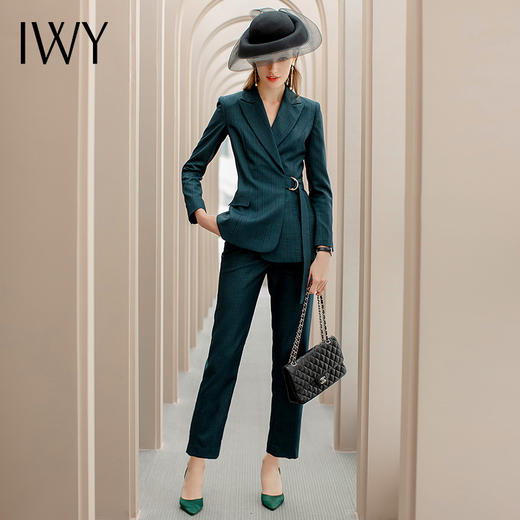 IWY/墨绿色格纹西装系带西服套装女修身显瘦收腰时尚气质女神商务正装CP1091 商品图0