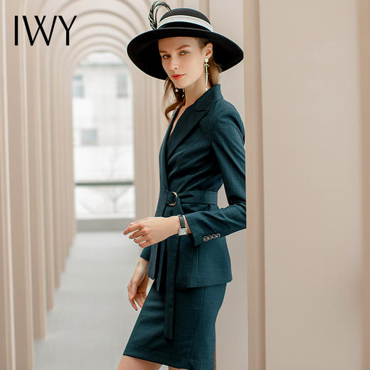 IWY/墨绿色格纹系带职业装西装套裙女修身显瘦收腰时尚气质名媛工作服CS1091 商品图4