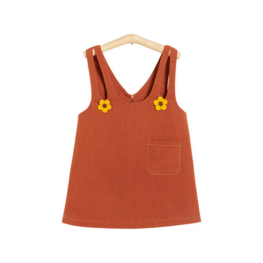 littletime童装复古南瓜色吊带裙2021春装新款花朵撞色直筒连衣裙 商品图4