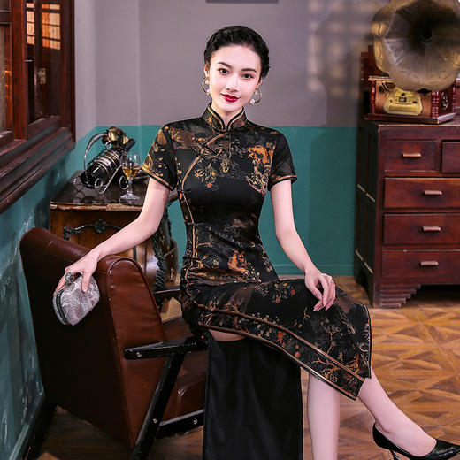 上海旗袍厂WX黑珍珠段长款半袖真丝 商品图1