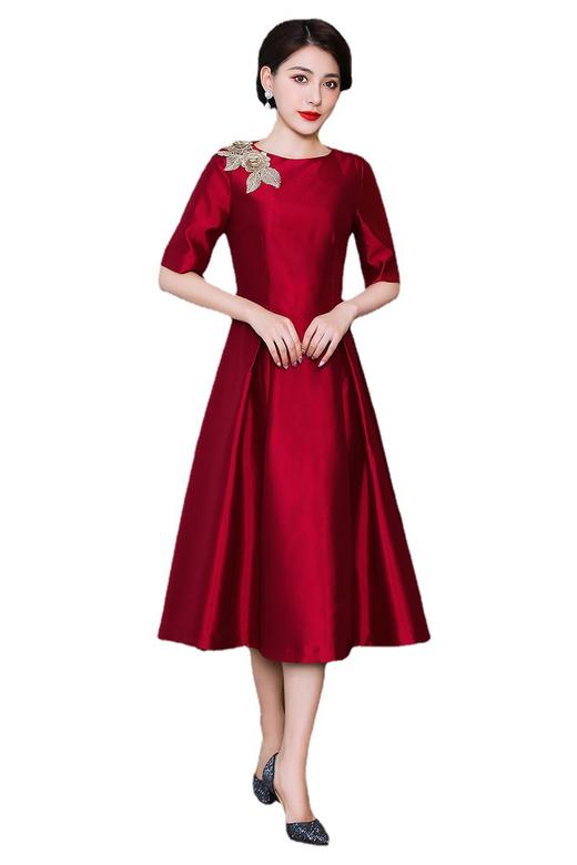 上海旗袍厂TZRY-21001新款喜婆婆连衣裙定制改良旗袍圆领中袖民族风旗袍 商品图3