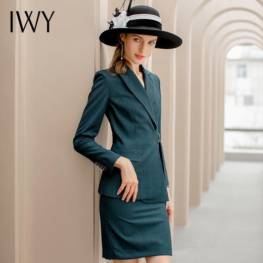 IWY/墨绿色格纹系带职业装西装套裙女修身显瘦收腰时尚气质名媛工作服CS1091 商品图2