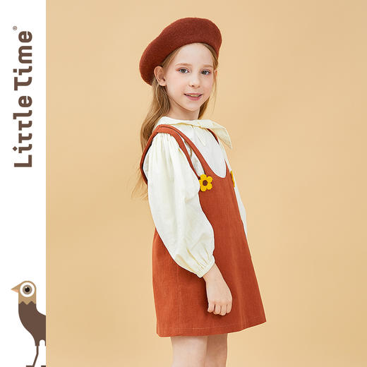littletime童装复古南瓜色吊带裙2021春装新款花朵撞色直筒连衣裙 商品图1