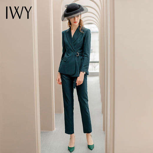 IWY/墨绿色格纹西装系带西服套装女修身显瘦收腰时尚气质女神商务正装CP1091 商品图1