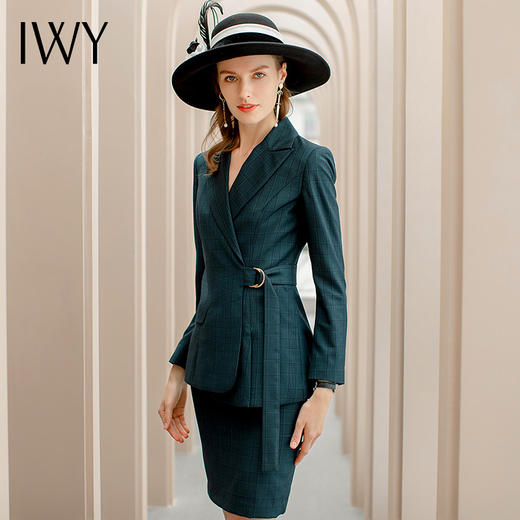 IWY/墨绿色格纹系带职业装西装套裙女修身显瘦收腰时尚气质名媛工作服CS1091 商品图1