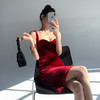 惊艳丝绒，面料控女人味，紧身开叉连衣裙#SS2124 商品缩略图1