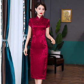 上海旗袍厂TZRY-21004喜庆提花真丝旗袍品质款生产加工2021新款改良宴会礼服高档旗袍