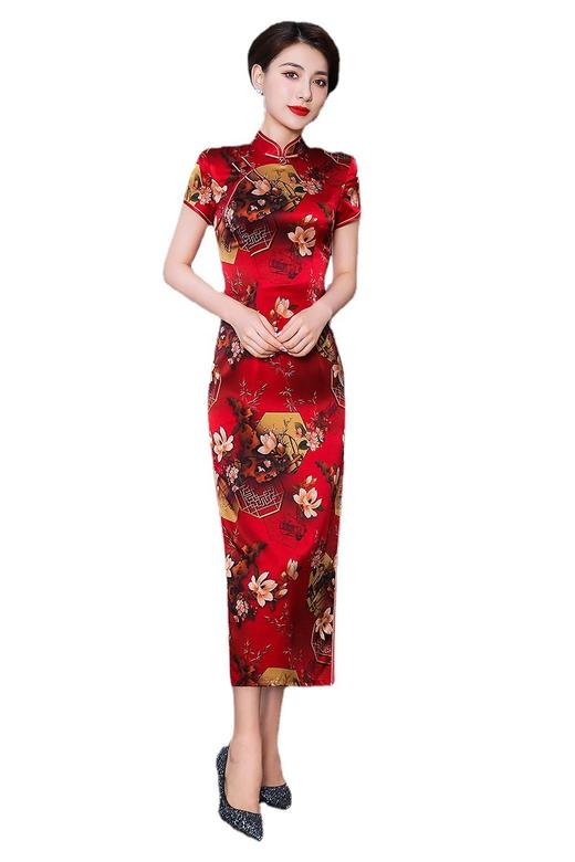 上海旗袍厂TZRY-21007新款真丝复古长款小清新短袖旗袍 商品图5