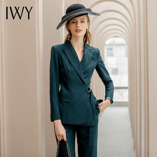 IWY/墨绿色格纹西装系带西服套装女修身显瘦收腰时尚气质女神商务正装CP1091 商品图2