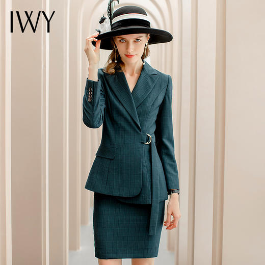 IWY/墨绿色格纹系带职业装西装套裙女修身显瘦收腰时尚气质名媛工作服CS1091 商品图0