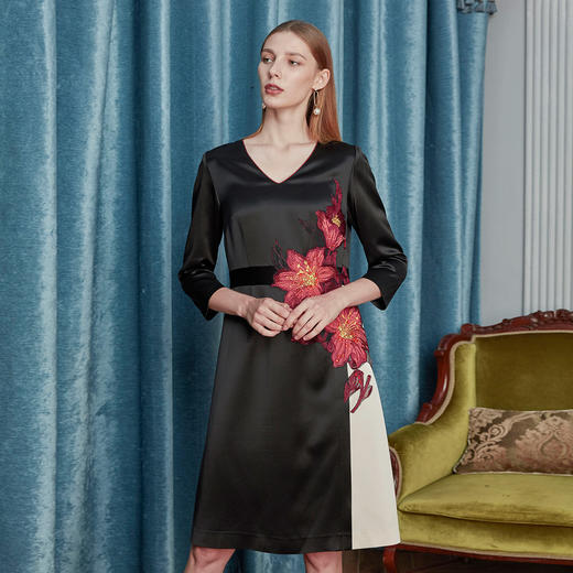 QE85C斯尔丽瑟俪2021年春季上新V领贴花连衣裙 商品图0