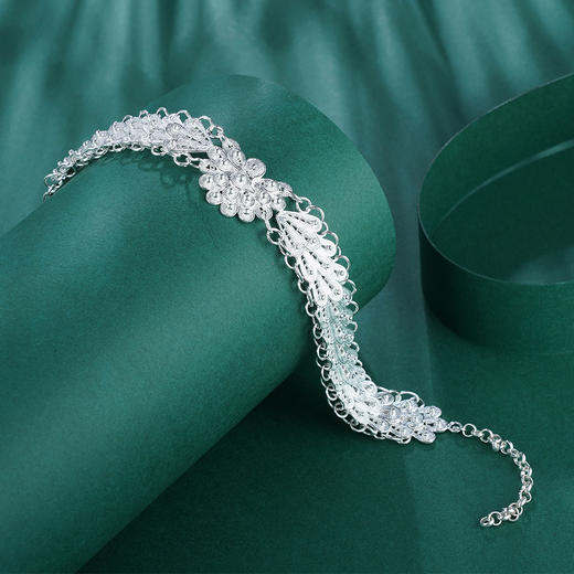 【银翠尾】S990银手链【KLKQSL】素银孔雀花丝2105 商品图0