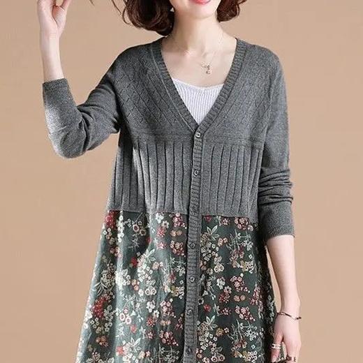 JXG-【高端款】2020年春季百搭洋气复古碎花拼接针织开衫中长款外披女 商品图2